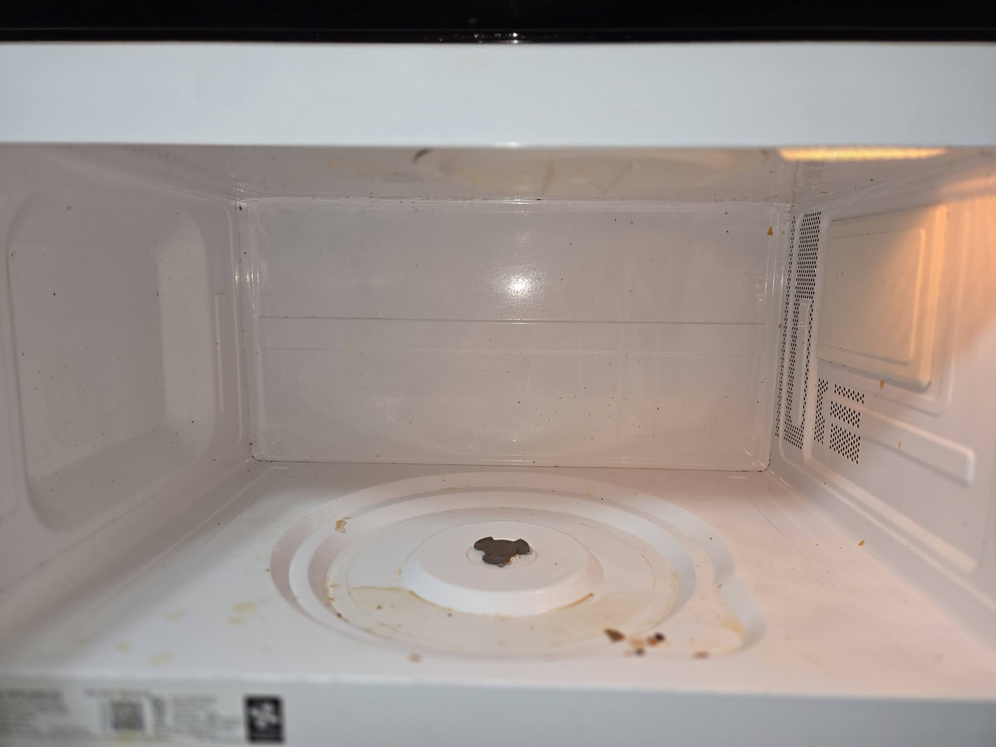 The inside of a microwave with baked-on splatter before cleaning